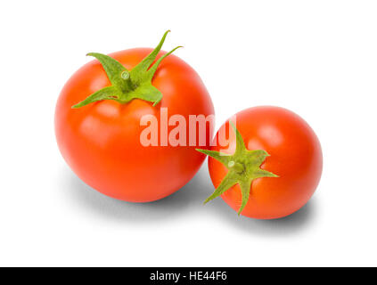 Zwei rote Tomaten in verschiedenen Größen, Isolated on White Background. Stockfoto