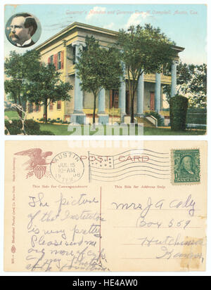 Dieses historische Bild zeigt das Gouverneurshaus in Austin, Texas, zusammen mit Gouverneur Tom M. Campbell. Das Foto zeigt die architektonische Pracht des Herrenhauses und die Bedeutung der texanischen Regierungsführung. Stockfoto