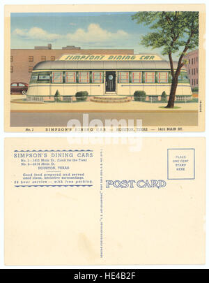 Simpson's Dining Car, ein klassisches Diner im Herzen von Houston, Texas, gelegen an der Main Street 1415, war ein Gastronomiebetrieb der Mitte des 20. Jahrhunderts, bekannt für seinen Diner-Stil und seinen Beitrag zur lokalen Küche und Kultur. Stockfoto
