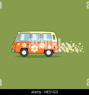 Hippie-van Cartoon Illustration mit Blumen. Stockfoto