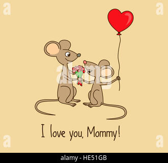 Ich liebe dich, Mama. Muttertags-Grußkarte mit niedlichen Cartoon Mäuse. Stockfoto