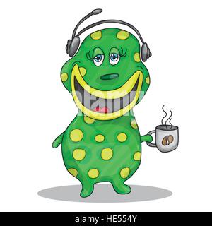 Lustige Cartoon Charakter Telefonistin mit einer Tasse heißen Kaffee Stock Vektor