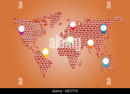 Landkarte der Welt setzt sich aus Schichten von Mauerwerk mit Standorten. Kreatives Design auf globaler Ebene. Stock Vektor
