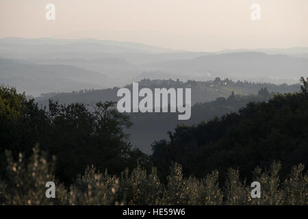 Morgendämmerung in der Umgebung von San Gimignano, Toskana. Stockfoto