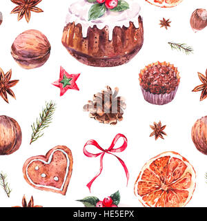 Aquarell Weihnachten Musterdesign mit traditionellen pudding Stockfoto