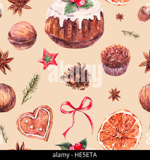 Aquarell Weihnachten Musterdesign mit traditionellen pudding Stockfoto