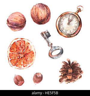 Aquarell süße Weihnachten Sammlung von alten Vintage Taschenuhr, Schlüssel, Nüssen und orange Slice, Silvester-Dekoration, Urlaub-Design-Elemente, isoliert Stockfoto