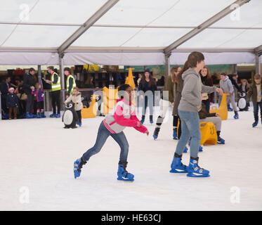Sidcup, UK. 18. Dezember 2016. Familien Schlittschuh und den festlichen Spaß am Ruxley Manor Garden Centre. Jüngere Kinder können Pinguin Skate Aids oder Banane Skate Aids zu © Keith Larby/Alamy Live News Stockfoto