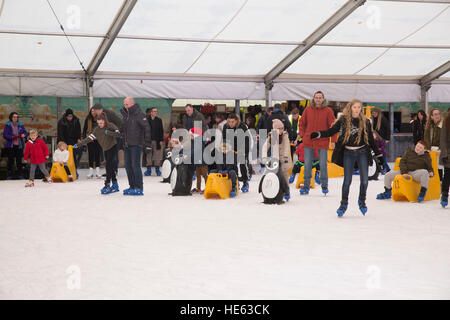 Sidcup, UK. 18. Dezember 2016. Familien Schlittschuh und den festlichen Spaß am Ruxley Manor Garden Centre. Jüngere Kinder können Pinguin Skate Aids oder Banane Skate Aids zu © Keith Larby/Alamy Live News Stockfoto