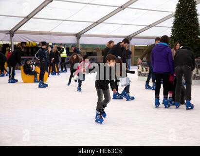 Sidcup, UK. 18. Dezember 2016. Familien Schlittschuh und den festlichen Spaß am Ruxley Manor Garden Centre. Jüngere Kinder können Pinguin Skate Aids oder Banane Skate Aids zu © Keith Larby/Alamy Live News Stockfoto