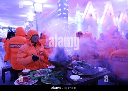 Sanya, Sanya, China. 18. Dezember 2016. Sanya, CHINA-Dezember 18 2016: (nur zur redaktionellen Verwendung. CHINA HERAUS). Touristen genießen heißen Topf in ein kaltes Haus von minus 20 Grad Celsius am Qianguqing Scenic Area in Sanya, Hainan Provinz Süd-China, 17. Dezember 2016. © SIPA Asien/ZUMA Draht/Alamy Live-Nachrichten Stockfoto