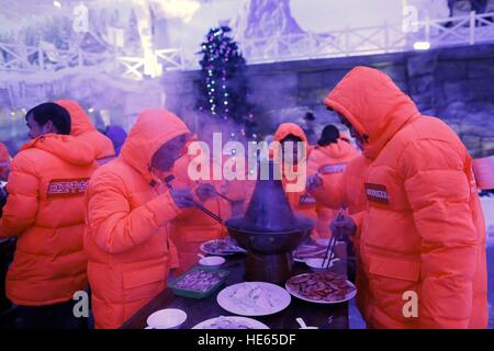 Sanya, Sanya, China. 18. Dezember 2016. Sanya, CHINA-Dezember 18 2016: (nur zur redaktionellen Verwendung. CHINA HERAUS). Touristen genießen heißen Topf in ein kaltes Haus von minus 20 Grad Celsius am Qianguqing Scenic Area in Sanya, Hainan Provinz Süd-China, 17. Dezember 2016. © SIPA Asien/ZUMA Draht/Alamy Live-Nachrichten Stockfoto