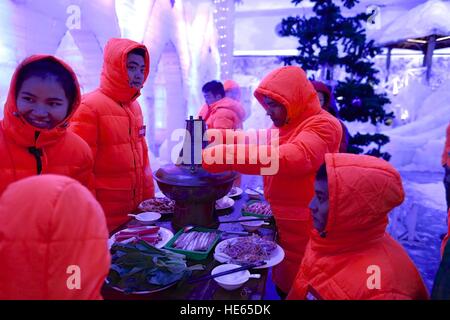 Sanya, Sanya, China. 18. Dezember 2016. Sanya, CHINA-Dezember 18 2016: (nur zur redaktionellen Verwendung. CHINA HERAUS). Touristen genießen heißen Topf in ein kaltes Haus von minus 20 Grad Celsius am Qianguqing Scenic Area in Sanya, Hainan Provinz Süd-China, 17. Dezember 2016. © SIPA Asien/ZUMA Draht/Alamy Live-Nachrichten Stockfoto