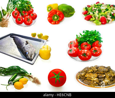 gesunde Ernährung-Food-Konzept - Gemüse Fisch und Salat Foto collage Stockfoto