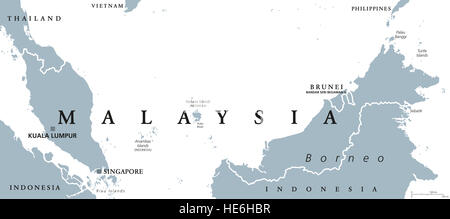 Malaysia politische Karte mit Hauptstadt Kuala Lumpur in Asien mit den Nachbarländern Indonesien, Singapur und Brunei. Stockfoto