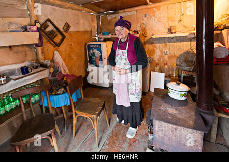 Ältere georgische Dame in ihrer Küche, in Ushguli, Georgien. Stockfoto