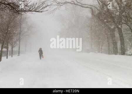 Schneesturm in Chicago mit leeren Straße und Einzelperson während Schneesturm zu Fuß Stockfoto