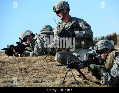 Cpl. Johnny Hurst, assigned to A Company 3rd Battalion (Airborne), 509th Infantry Regiment, a native of Chicago, Ill., surveys the fire lane during a live-fire and movement-to-contact operation on the Infantry Squad Battle Course at Joint Base Elmendorf-Richardson, Alaska, May 31, 2013.  Die Soldaten konzentrierte sich auf Infanterie Kernkompetenzen wie Feuer Team Bewegung, Kommunikation, Feuer, Verschiebung und einmal das Ziel identifizieren und eliminieren Waffenlager und Behandlung von Evakuierung von Verletzten.  Justin Connaher) Stockfoto