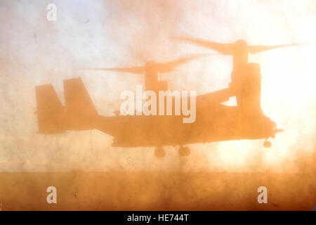 Besatzungsmitglieder, die 20. Special Operations Squadron zugewiesen vorzubereiten, eine CV-22 Osprey landen 7. Januar 2016, am Melrose Air Force Range, N.M. Das Flugzeug landete um Abholung Command Sergeant Major William Thetford, das U.S. Special Operations Command senior verpflichtete Berater, während seines Besuchs in Cannon Air Force Base, N.M. techn. Sgt. Manuel Martinez) Stockfoto