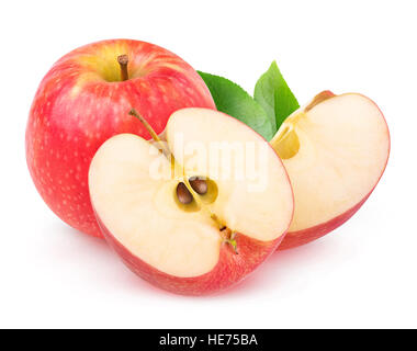 Isolierte Äpfel. Ganze und geschnittene frische Apfel Obst isoliert auf weißem Hintergrund mit Beschneidungspfad Stockfoto