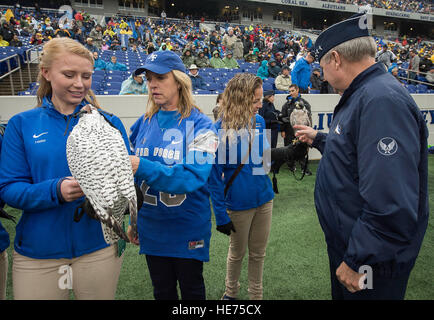 Sekretär des Air Force Deborah Lee James (zweiter von links) und Air Force Chief Of Staff General Mark A. Welsh III (rechts) verbundenen Mitglieder der Air Force Academy Falknerei-Mannschaft bei Navy - Marine Corps Memorial Stadium auf die Air Force Academy Falcons jubeln, als sie gegen die Marineakademie Midshipman während einer Schwester Dienst Rost Rivalität Okt. 3 ging 2015, Annapolis, MD. Jim Varhegyi) Stockfoto