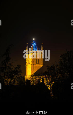Weihnachtsbaum beleuchtet in der Nacht auf Peter & St-Paul-Kirche, Blockley, Cotswolds, Gloucestershire, England