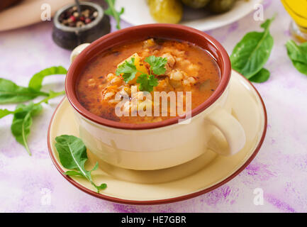 Suppe mit Gurken und Graupen - Rassolnik auf einem hellen Hintergrund. Stockfoto