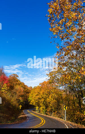 Ozark Berge, Arkansas im Herbst. Landstraße, AR-103, durch den Ozark National Forest nördlich von Clarksville, Arkansas, USA. Stockfoto