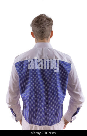 Stilvolle Mann gekleidet in eine blaue und weiße Polkadot gemusterten Shirt, von hinten Stockfoto