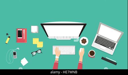 Menschliche weibliche Hände Tippen auf der Computertastatur mit Laptop mit weißer Bildschirm. Business Desktop-Abbildung auf grünem Hintergrund mit Bildschirm leer Stock Vektor