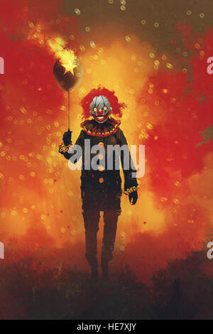 böser Clown stehend mit einem Ballon auf Feuer Hintergrund, Illustration, Malerei Stockfoto