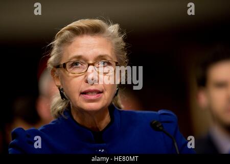 US handeln Deputy Secretary Of Defense Christine Fox bezeugt vor der bewaffneten Service Senatsausschuss am Dirksen Senate Office Building 28. Januar 2014 in Washington, DC. Stockfoto