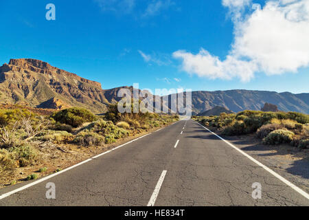 Landschaft mit Straße im Teide-Nationalpark, Teneriffa, Kanarische Inseln, Spanien Stockfoto