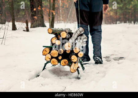 Mann trägt Holz auf einem Schlitten in den verschneiten Winterwald. Stockfoto