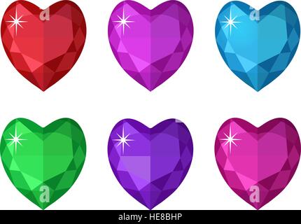 Herzen Schmuckset. Edelsteine-Herzen geformt Sammlung. Bunte Diamanten. Vektor-Illustration, ClipArt Stock Vektor
