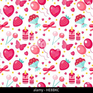 Niedliche Musterdesign Valentinstag mit Erdbeeren, Herz, Blume, Schmetterling, Band. Liebe, Romantik endlosen Hintergrund, Textur, Tapete. Flach, Cartoon-Stil. Vektor-Illustration. Stock Vektor