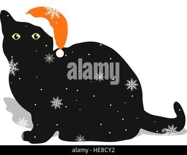 Eine schwarze Katze in einem roten Hut sitzt auf weißen Hintergrund mit Schneeflocken. Stock Vektor
