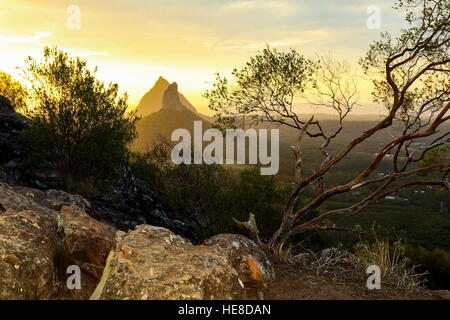 Sonnenuntergang von der Spitze des Mount Ngungun. Die Gipfel im Hintergrund sind Mount Coonowrin und Mount Beerwah - Glasshouse Mountains Stockfoto