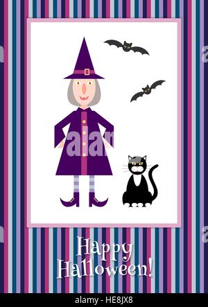 Beispiel für eine lustige kleine Hexe auf einem gestreiften Hintergrund. Bunte Halloween Vorlage. Stock Vektor