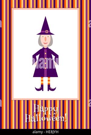 Beispiel für eine lustige kleine Hexe auf einem gestreiften Hintergrund. Bunte Halloween Vorlage. Stock Vektor