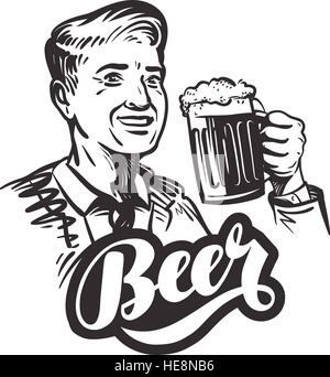 Bier oder Pub. Glücklich lächelnden Mann mit Becher frisches Bier. Vektor-illustration Stock Vektor