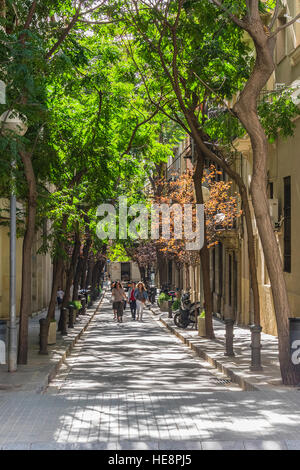 Erwachsene gehen gemeinsam entlang einer schmalen Bäumen gesäumten Straße in Barcelona, Spanien. Stockfoto