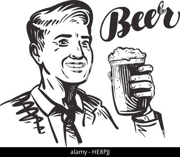 Bierbar oder Kneipe. Glücklich lächelnden Mann mit Becher frisches Bier. Vektor-illustration Stock Vektor