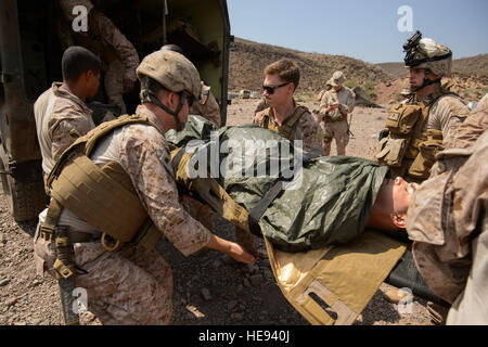 US-Marines und Navy Hospital Sanitätern mit der 13. Marine Expeditionary Unit (MEU) bewegen Sie eine simulierte Kausalität in ein Fahrzeug in eine medizinische Evakuierung bei Arta, 31. Oktober 2013. Die 13. MEU wird mit der Boxer amphibische bereit Gruppe als ein Theater Reserve und Krise Reaktionskräfte in den USA bereitgestellt 5. Flotte Aufgabengebiet.  Staff Sgt Staci Miller Stockfoto