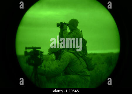 131008-F-WU507-576: U.S. Marine CPL Andrew Dimauro scannt die Wüste als Marine Kapitän Erich Lloyd, 1. Luft Naval Gunfire Liaison Unternehmen unterstützen Arme Liaison Team Delta-Mitglieder während der gemeinsamen terminal Angriff Controller Ausbildung bei Juniper Butte Bombardierung Bereich in der Nähe von Mountain Home Air Force Base, Idaho, 8. Oktober 2013. "Während dieser ganzen Berg Roundup-Übung haben wir eine Partnerschaft wurde mit den deutschen gemeinsame Singapur Air Force und aller unserer US-Partner, als kombinierte gemeinsame Einheit abzielen, das gleiche Ziel zu trainieren", sagte Lloyd. "Training mit unseren Verbündeten ist eine sehr wichtige Rolle für ANGLICO Becau Stockfoto