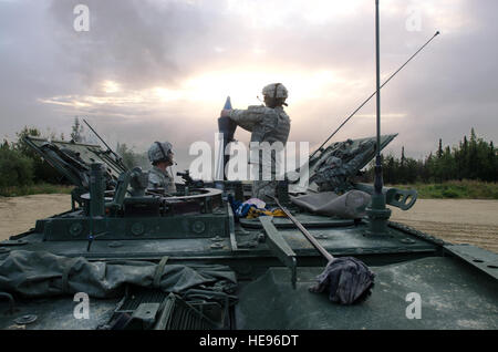 US-Armee Pfc. Zachary Buckalew, links, und Pfc. Michael Hurley, beide zugewiesene Geschwader, 1. Kavallerie-Regiment, 1st Stryker Brigade Combat Team, 25. Infanterie-Division, Feuer ein 120-mm-Mörser-System während seiner Einheit und der Air National Guard gemeinsamen terminal Angriff Controller auf dem Truppenübungsplatz Yukon in Alaska 21. August 2014, während rote Fahne-Alaska 14-3 trainieren. Rote Fahne-Alaska ist eine Reihe von Pacific Air Forces unter der Regie von Kommandant Feld Trainingsübungen für USA und Partner Nation Kräfte, Bereitstellung von kombinierten offensive gegen Luft, Verbot, Luftnahunterstützung und große Kraft Beschäftigung trainin Stockfoto