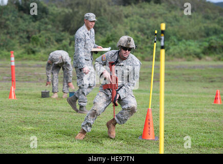 US Army Spc. Cruser Barnes, 1. Staffel, 299. Kavallerie-Regiment, Hawaii Army National Guard (HIARNG), manövriert durch Hindernisse während eines Kampfes Armee Bereitschaft Tests im Rahmen der 2015 Hawaii Army National Guard und Reserve beste Krieger Wettbewerb 6. März 2015, im Marine Corps Training Bereich Balg, Hawaii. Konkurrenten waren acht Soldaten aus der US-Army National Guard und 13 Soldaten der US Army Reserve, die Einheiten im gesamten pazifischen Raum zugewiesen.  Staff Sergeant Christopher Hubenthal) Stockfoto