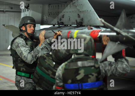 Die 25. Aircraft Maintenance Unit Waffen Lader Last eine Rakete auf eine a-10 Thunderbolt II während der Betriebsbereitschaft Übung Beverly Mitternacht 13-03 auf Osan Air Base, Republik Korea, 5. August 2013. Während der Woche werden auf ihre Fähigkeit, nutzen ihre chemische, biologische, radiologische und nukleare Ausbildung sowie die Verwaltung selbst Hilfe und Kumpel Pflege während der Einsätze in Osan Flieger getestet werden. Staff Sgt. Emerson Nuñez) Stockfoto