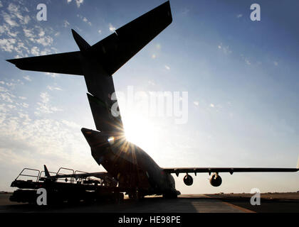 US-Flieger zugewiesen die den 386th Expeditionary Logistik Bereitschaft Squadron Antenne Anschluss bewegen eine Palette von Ladung auf einer c-17 Globemaster III an einem geheimen Luftwaffenstützpunkt in Südwestasien, 3. November 2010. Die Antenne Port Flieger inspiziert und palettiert alle Fracht vor dem Versand von Futter und Wasser, Munition und Rollmaterial.  Senior Airman Laura Turner Stockfoto