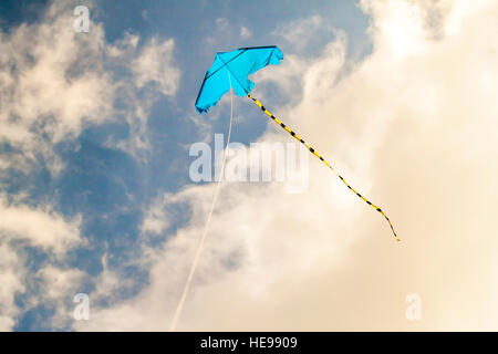 Drachen fliegen gegen den blauen Himmel an einem sonnigen Tag Stockfoto